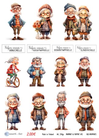 Sheet of twelve cartoon elderly characters in vintage outfits with Finnish captions, designed as decorative stickers or decals for crafts. The characters show grandfathers and grandmothers in varied poses and outfits, arranged in a grid.