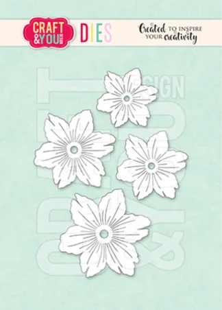 Four white flower die-cut shapes with teal centers on a pale teal background; Craft & You Dies branding visible above the image.