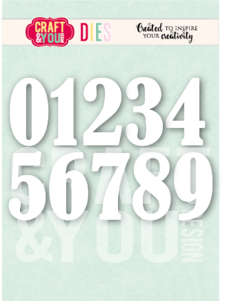 Mint-green background with oversized white digits 0–9 overlaid; top banner shows Craft & You logo and the phrase 'Created to inspire your creativity'.