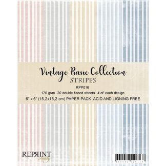 Product packaging for 'Vintage Basic Collection: Stripes' scrapbook paper pack with pastel pink, beige, yellow, and blue vertical stripes.