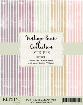 Front cover of a vintage-style striped paper pack with pastel vertical stripes; label reads 'Vintage Basic Collection Stripes' and lists specs like '20 double faced sheets'.