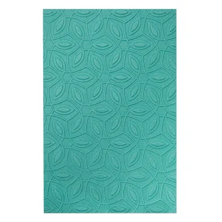 Teal wallpaper with a repeating embossed leaf-like geometric pattern.