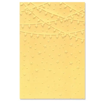 Gold embossed decorative card featuring string lights, stars and dots in a festive pattern.