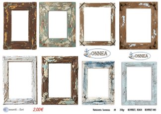 Eight distressed wooden picture frames in varied teal, brown, and blue with chipped paint and rustic hardware, arranged in two rows.