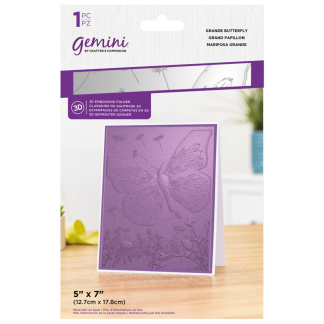 Packaging image for a 5x7" Gemini 3D embossing folder in purple, showing butterfly/dragonfly embossed sheet and product branding on top.