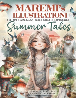 Cover for Maremi’s Illustration: Summer Tales—a smiling girl with braided hair by a pond, flanked by two elderly fishermen, birds in flight, and a pastel, floral landscape.