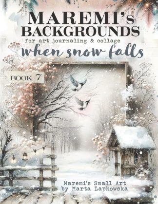 Book cover: Maremi's Backgrounds—When Snow Falls, a winter scene with birds, snow, and a small cottage.