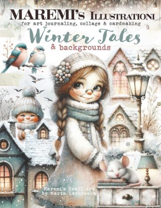 Cover of Maremi's Illustrations Winter Tales & Backgrounds, a winter-themed art book featuring a girl with braids, cats, birds, and a snowy village scene.