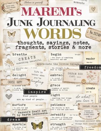 Decorative collage cover for Maremi's Junk Journal Words with vintage tags and Typography, butterfly accents, and hopeful words like inspire and dream.