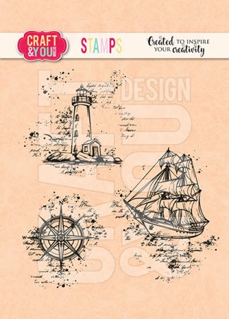 Nautical stamp design with a lighthouse, sailing ship, and compass rose on a peach background.