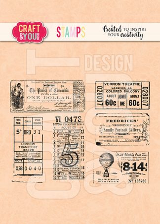 Collage of vintage ticket stubs and stamps on a peach background, with a subtle DESIGN watermark and a Craft & You Stamps banner at the top.