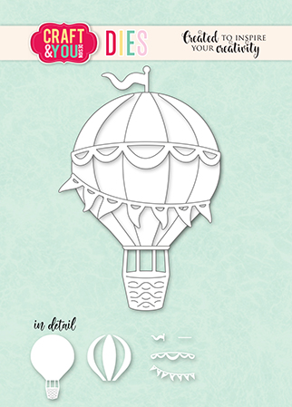 Die-cut hot air balloon with decorative panels and bunting, plus small detail shapes for crafting.