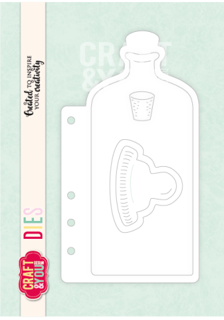 Craft die-cut packaging showing a bottle and a heart-shaped cutout on a mint background, with a vertical 'DIES' label on the left.