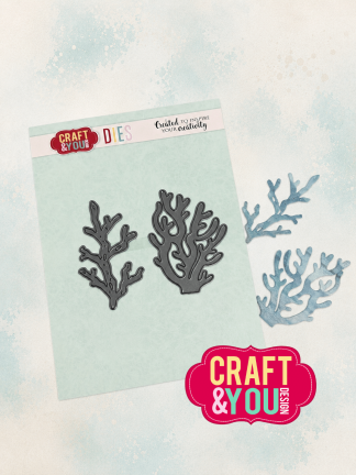 Mint card with two grey coral-shaped metal dies and Craft & You Dies packaging; soft blue splashes in background.