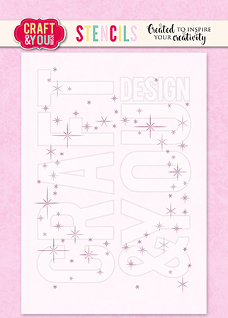 White stencil design sheet with faint outlines and pink star accents on a pink background.