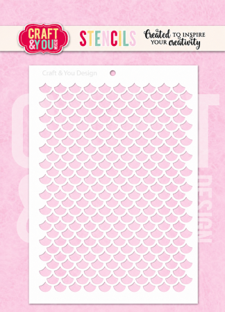 White stencil sheet with a repeating pink scallop (fish-scale) pattern, hole at the top for hanging; used for crafts.
