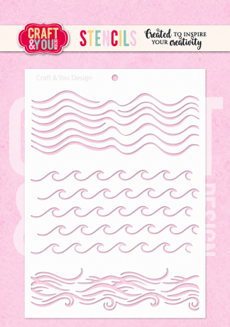 White stencil sheet showing pink wave patterns: multiple rows of curved lines and a decorative swirl at the bottom, for crafting designs.