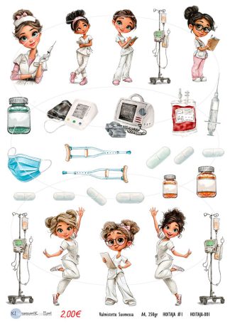 Cartoon nurses and medical equipment: syringes, IV poles, pills, mask, and bottles in a colorful healthcare-themed illustration.