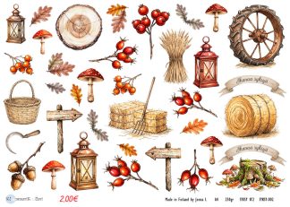 Autumn farm-themed collage with lanterns, mushrooms, berries, hay bales, wooden signs, a wagon wheel, and leaves.