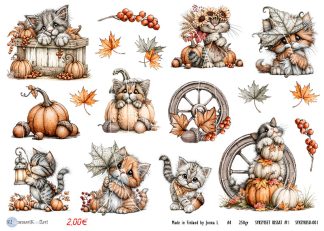 Autumn collage of kittens with pumpkins, leaves, and berries in warm orange tones on white background (series of cute kittens and harvest motifs).